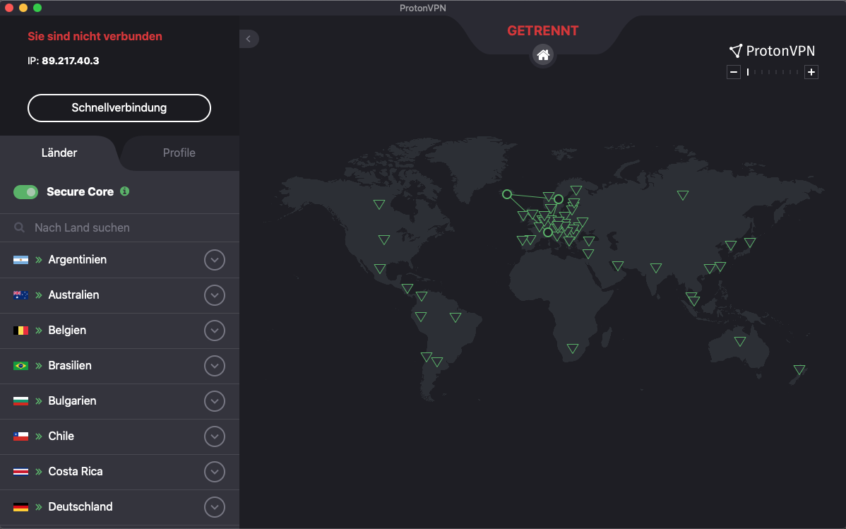 Окно Proton VPN на Mac: список стран и карта
