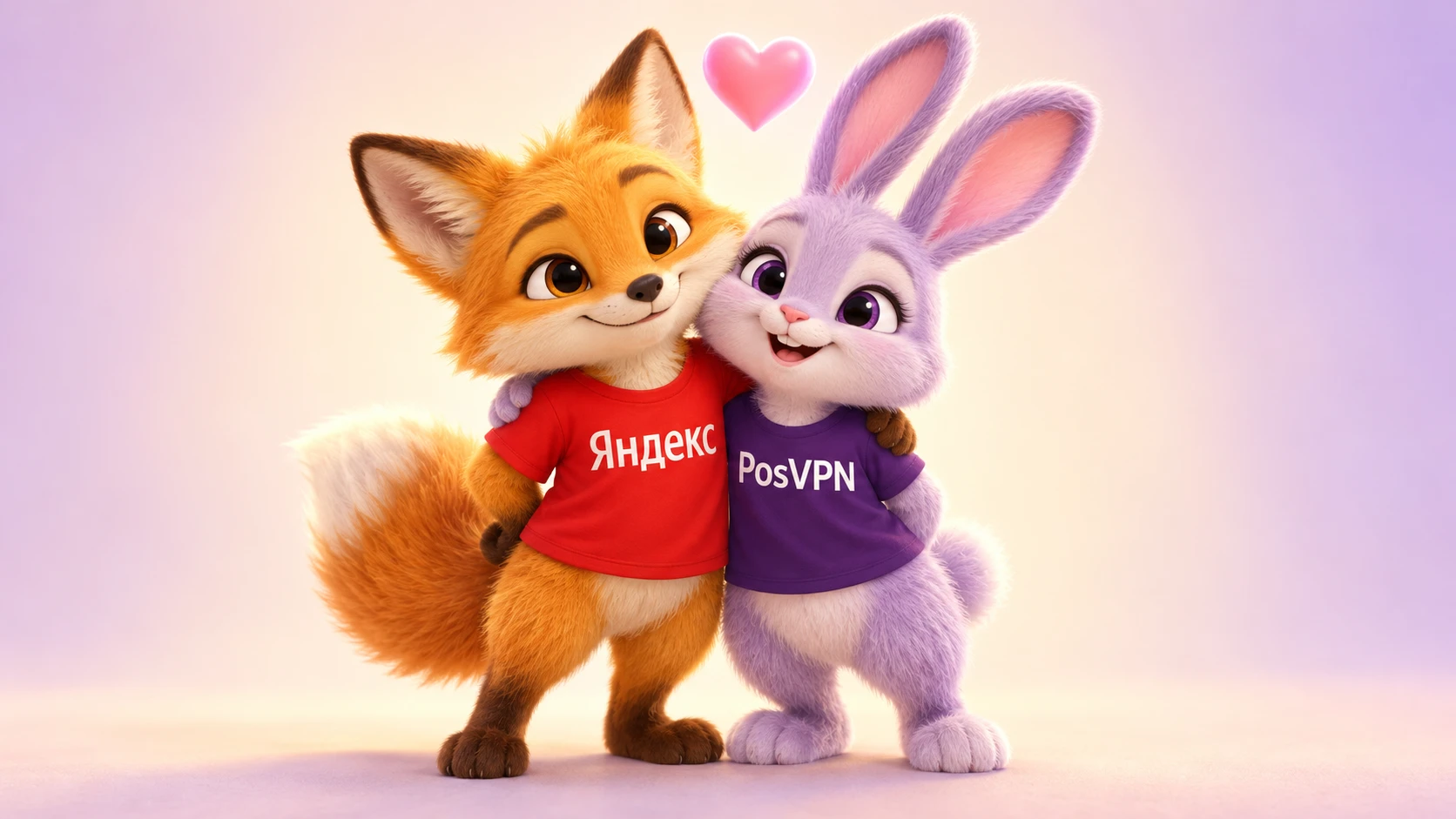 Лисёнок в футболке Яндекс и зайчик PosVPN обнимаются под сердечком